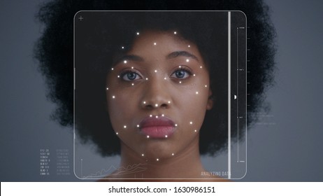 Face ID. 3D Face Detection. Facial Recognition System. Technological Scanning of Face of Beautiful Serious Afro-American Woman for Biometric Facial Recognition. Animation with Dots and Trackers on