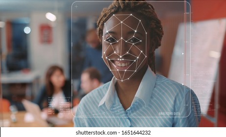 Face ID. Future Face Detection. Young Beautiful African Woman Office Worker is Identified by Biometric Facial Recognition Scanning Process. 3D Render Animation. Augmented Reality.