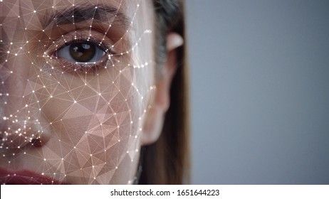 Face ID. Future. Half Face of Young Caucasian Woman for Face Detection. Brown Female Eye Biometrical Iris Scan Reading for Person Identification. Augmented Reality. 3D Technology Concept. - Powered by Shutterstock