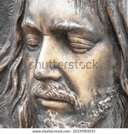 Face of jesus. Ancient sculpture. Bronze statue of the face of jesus. Ideal for concepts or events like Easter.