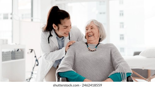 Face, laughing or doctor with senior patient in consultation for healthcare nursing or checkup in hospital clinic. Portrait, hug or happy nurse smiling with a funny old woman in medical appointment - Powered by Shutterstock