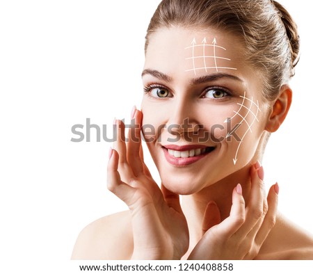 Face lift anti-aging lines on young female face. Graphic lines showing facial lifting effect on skin.