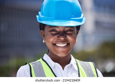 Face Of Logistics Worker, Construction Builder And Employee Working On Site For Home Renovation, Building With Smile And Doing Engineering. Closeup Portrait Of Black Woman Architect In Architecture