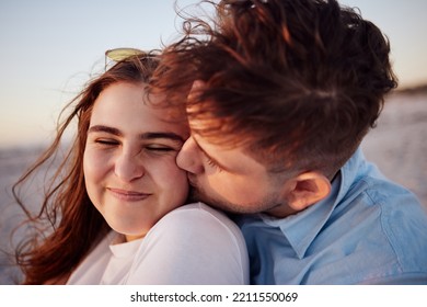 Face, Love And Couple Cheek Kiss On Vacation, Holiday Or Summer Trip Outdoors. Romance, Affection And Man, Woman And Bonding, Spending Quality Time Together And Happy Romantic Smile On Date Outside.