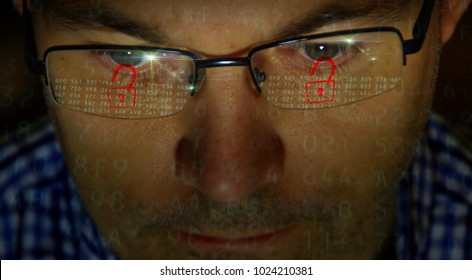 Face of man breaking computer system security. Cyber crime concept.