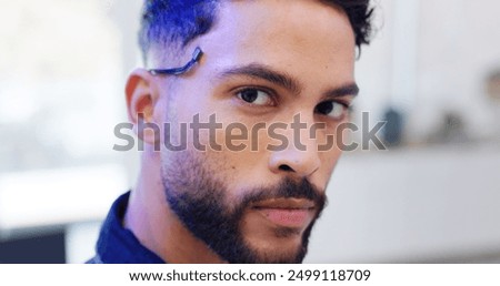 Face, man or microchip on head for brain science, futuristic neurology or neurotechnology. Programmer, portrait or implant on temple for innovation, brainwave activity or monitor cognitive function