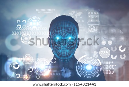 Face of a man with polygons on it. Infographics and HUD in a blurred city sky. Toned image double exposure Elements of this image furnished by NASA