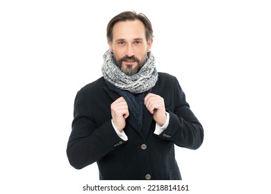 Face Of Man Wear Winter Warm Clothes Isolated On White Background. Studio Shot Of Man