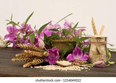 Face Mask With Barley, Mung Bean And Kariyat Green Leaves And Tree For Skin Treatment.