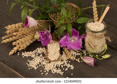 Face Mask With Barley, Mung Bean And Kariyat Green Leaves And Tree For Skin Treatment.