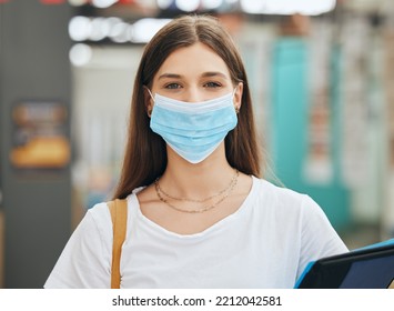 Face Mask, Covid And Portrait Of A Student Girl At University With A Scholarship, Books And Pandemic. Studying, Education And Woman From Australia Standing And Holding School Files In College.