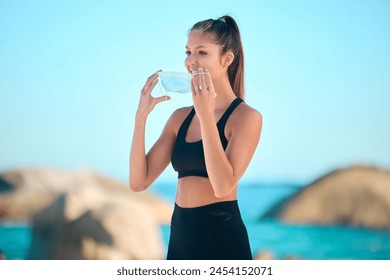 Face mask, law or girl at beach for wellness, meditation and morning practice for zen in nature. Balance, spirituality or woman at sea for holistic exercise with mouth cover for Spain compliance - Powered by Shutterstock