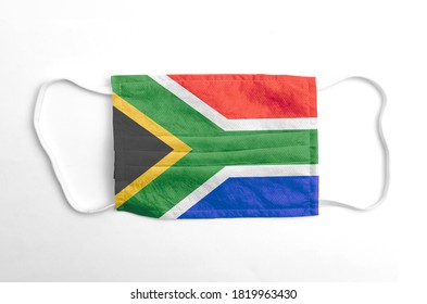 Face Mask With South Africa Flag Printed, On White Background, Isolated.
