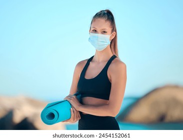 Face mask, yoga mat or girl at beach for wellness, meditation and morning practice for zen in nature. Balance, spirituality or woman at sea for holistic exercise with mouth cover for Spain compliance - Powered by Shutterstock