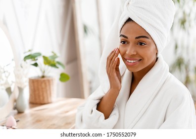 Face Massage. Beautiful African American Girl Touching Her Soft Skin After Bath, Massaging For Better Lifting And Elasticity, Free space - Shutterstock ID 1750552079