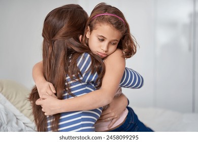 Face, mother and sad girl hug for support in home for care, safety and bonding together with empathy. Depressed, love and single parent mom with kid for security, daughter or child in family house - Powered by Shutterstock