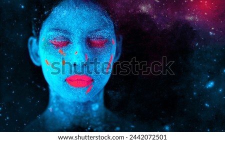 Face, neon and fantasy paint for creative, art and glitter with unique surreal glow. Person, science fiction and color with dream, rave and abstract uv illusion for mystical fluorescent trance