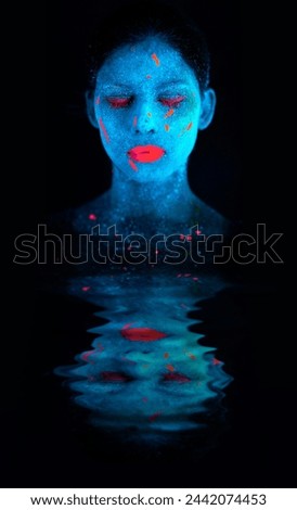 Face, neon and psychedelic reflection for creative, art and glitter with unique surreal glow. Person, science fiction and color for dream, rave or abstract uv illusion for mystical fluorescent trance