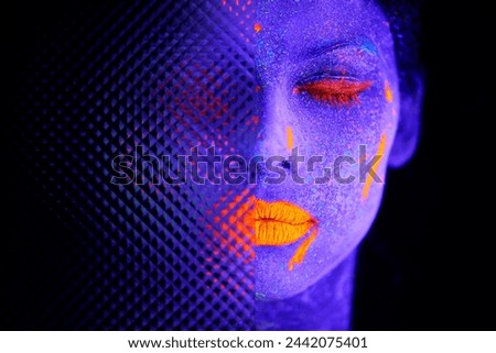 Face, neon and surreal paint for creative, art and glitter for unique psychedelic glow. Person, science fiction or color for pixel, particle and dissolving uv illusion for mystical fluorescent trance