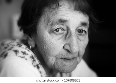 Face Of An Old Woman, Black And White Portrait