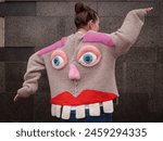 face on knitted cardigan, eye cardigan, cardigan with eyes, weird things, handmade clothing unique, custom ugly sweater cardigan, unusual knitted clothing, ugly Christmas sweater, cardigans with face