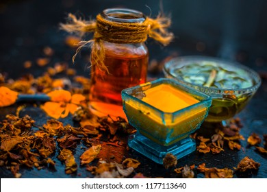 Face Pack Of Aloevera,turmeric Or Haldi,honey,rose Water For Glowing And Radiant Skin For All Types On Wooden Surface With All Ingredients,Close Up View.