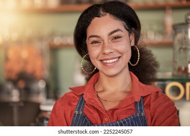 Face portrait, cafe waiter and black woman ready to take orders. Coffee shop, barista and confident, happy and proud young female employee from Brazil, worker or small business owner of cafeteria.
