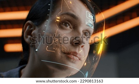 Face portrait of caucasian woman with straight look. 3D visualization of human innovative AI biometric face scanning system. Identification for access. Privacy and recognition modern high technology.