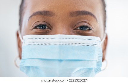 Face Portrait, Covid And Black Woman In Mask For Lockdown, Flu Season Or Quarantine. Health, Safety And Young Female In Compliance To Covid 19 Or Corona Virus Rules, Regulations Or Policy Closeup.