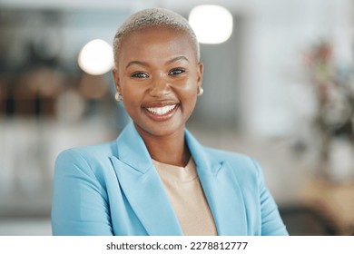 Face portrait, manager and happy black woman, business leader or employee smile for startup company success. Management, corporate person and headshot of female, bank admin or professional consultant