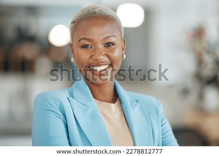 Face portrait, manager and happy black woman, business leader or employee smile for startup company success. Management, corporate person and headshot of female, bank admin or professional consultant