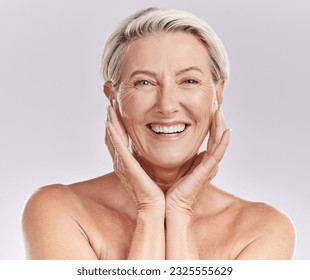 Face portrait, senior or happy woman with skincare, beauty or wellness in studio isolated on white background. Dermatology, smile or mature lady with clean facial self care, cosmetics or natural glow - Powered by Shutterstock