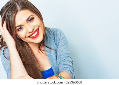 Face portrait of smiling woman. Teeth smiling girl. One model portrait on white background.