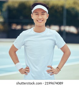 Face Portrait Of Tennis Player Training For Competition On Court, Learning Game Of Sports For Fitness And Sport Exercise For Health In Summer. Asian And Happy Man And Athlete Ready For Cardio Workout