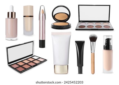 Face powder, contouring pallets, concealer, liquid foundations and brush isolated on white. Collection of makeup products