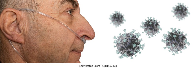 Face Profile Of Old Man With Nasal Cannula In Nose For Deliver Supplemental Oxygen And Respiratory Help Against Corona Virus Atack