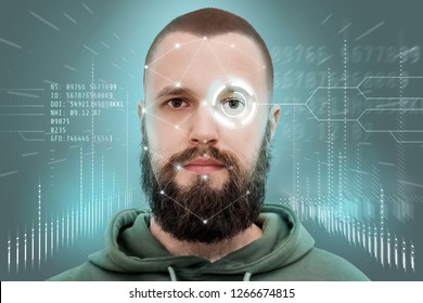 Face recognition and human recognition. The concept of computer vision and artificial intelligence. A man with a beard