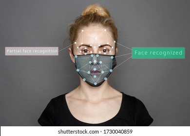 Face Recognition In Medical Mask Using Artificial Intelligence And Neural Networks. Biometric scanning Face ID. Identification of Person Through System Of Recognition. Polygon Vector Wireframe Concept