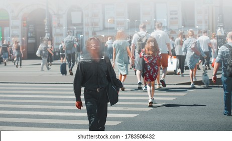 Face recognition and personal identification technologies in street surveillance cameras, law enforcement control. crowd of passers-by with graphic elements. Privacy and personal data protection, - Shutterstock ID 1783508432