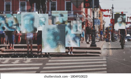 Face Recognition And Personal Identification Technologies In Street Surveillance Cameras, Law Enforcement Control. Crowd Of Passers-by. Privacy, Photo Processing, Noise, And Blur Effects