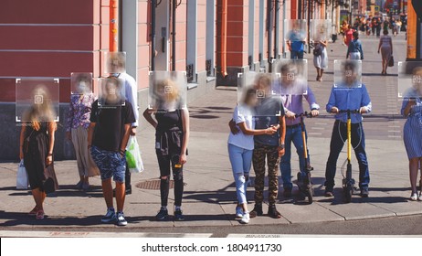 Face recognition and personal identification technologies in street surveillance cameras, law enforcement control. crowd of passers-by. data protection, Photo processing, noise, and blur effects