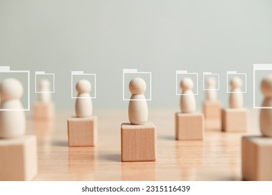 Face recognition wood figures personal identification surveillance artificial intelligence AI camera. Law enforcement people control technology concept. Privacy personal data protection GDPR and PDPA