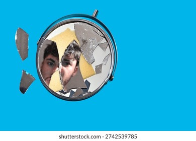 Face reflected in a broken mirror symbolizing fragmented identity and emotional conflict.