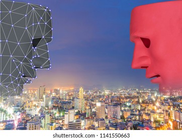 Face scan Machine learning systems accurate biometric technology and artificial intelligence concept city background.
