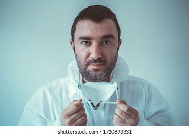 Face Scars Of Exhausted Doctor Taking Of Coronavirus Protective Mask. Coronavirus Covid-19 Outbreak. Mental State Of Medical Professional. Overworked Health Workers With Marks Of Mask On Face.