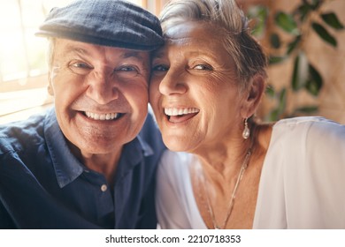 Face, Selfie And Senior Couple Bonding In Restaurant, Coffee Shop Or Cafe For Love Marriage Anniversary, Celebration Event Or Retirement. Zoom, Man And Mature Woman In Pov Photograph With Comic Smile