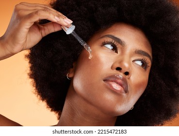 Face Serum, Skincare And Black Woman Using Beauty Oil Product With Pipette For Skin. Wellness, Afro Hair And Natural Female Model From Nigeria With A Dermatology Dropper For Moisturizing Facial Treatment