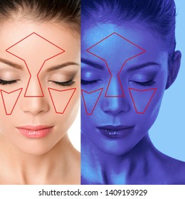 Face Skin Analysis Facial Scan Mapping Woman Analyzing Skin Aging Issues, Dermatology Consultation At Beauty Clinic. Scanner Software With UV Blue Light.