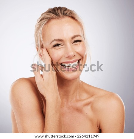 Face skincare, mature beauty and portrait of a model feeling soft skin about dermatology and chemical peel. Isolated, white background and studio with a woman with happiness from spa wellness