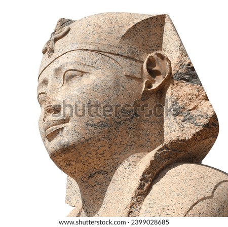Face of Sphinx in Famous landmark Serapeum of Alexandria, Alexandria, Egypt, North Africa. Sphinx in Roman temple Serapeum. Isolated on white background